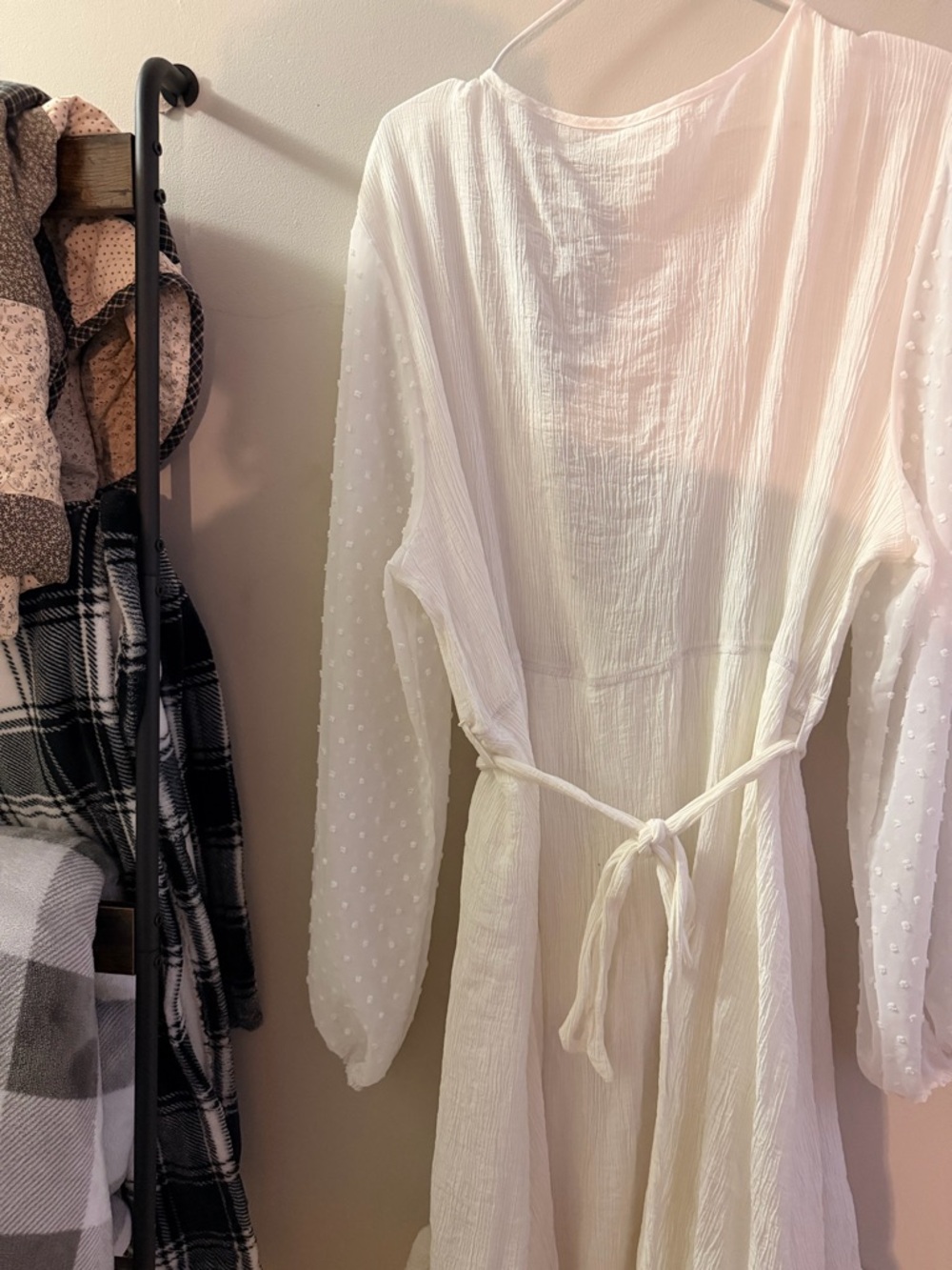 SHEIN White Curve Dress with Tie Waist with sheer dotted long sleeves. - Picture 2 of 7